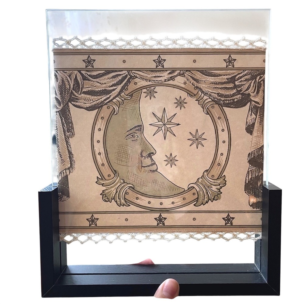 90s Vtg Celestial Sun‎ Moon Star Print Framed Wall Art floating Frame 10x9 lace